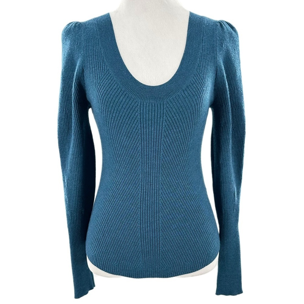 Rebecca Taylor structured sweater size XS blue ribbed 88% wool statement sleeve